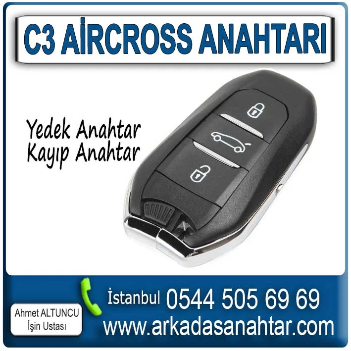 C3 Aircross Anahtarı 1 C3 Aircross Anahtarı, aracınızın yedek veya kayıp anahtarını profesyonel ekipmanlarla yapıyoruz. Akıllı anahtar, uzaktan kumanda, immobilizer programlama hizmetleriyle kısa sürede çözüm sunuyoruz. Aracınıza özel, garantili anahtar yapımı hizmeti için hemen iletişime geçin 0544 505 6969. C3 Aircross oto anahtar yapımı hizmetimizle, kaybolan veya bozulan anahtarlarınızı kısa sürede yeniliyoruz. Orijinal kalitede yedek anahtar üretimi, kumandalı ve immobilizer sistem programlaması profesyonel cihazlarla yapılır. Deneyimli ustalarımızla garantili çözümler sunuyoruz.
