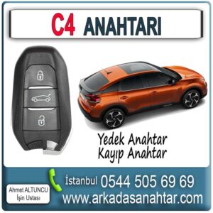 Citroen C4 Anahtarı, yedek anahtar işlemi, aracın mevcut anahtarı üzerinden özel cihazlarla programlanarak yapılır. Anahtarınız orijinal özelliklerinde kopyalanır ve test edilerek teslim edilir. Yada en son sistem cihazlar araca obd soketinden bağlanarak yeni bir anahtar araç hafızasına kaydedilir. C4 Anahtarı yedek ihtiyacınız varsa bizi arayınız 0544 505 6969 çünkü çok kısa sürelerde yedek C4 Anahtarı yapabilmekteyiz. Anahtar ihtiyacınız varsa bizi arayınız 0544 505 6969 çünkü çok kısa sürelerde yedek C4 Akıllı Anahtar yapabilmekteyiz.