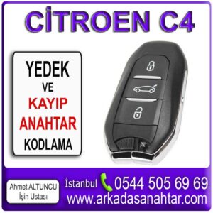 C4 Anahtarı Yedek anahtarını mı kaybettiniz? Endişelenmeyin! Uzman ekibimizin C4 Anahtarı yedek anahtar yapımı için hizmeti mevcuttur üstelik kaybolan anahtar hafızadan silinerek riskler ortadan kaldırılır. Professional çözümler sunuyoruz. Tüm anahtarlarınızı kaybettiyseniz, aracın beynine (ECU) yeni anahtar tanıtımı yapılır. C4 Anahtarı kayıp anahtar yapımı için işyerimizde ve yerinde hizmetimiz mevcuttur. Aracınızın konumunu bize iletmeniz yeterlidir. Ruhsat sahibinin araç başında olması şartı ile İstanbulun her yerine hizmet veriyor ve professional çözümler sunuyoruz.