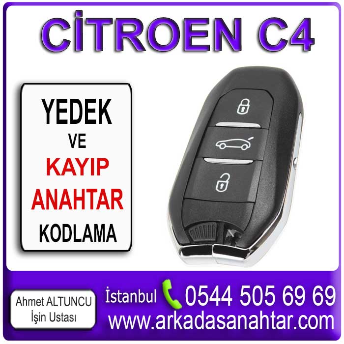 C4 Anahtarı Yedek anahtarını mı kaybettiniz? Endişelenmeyin! Uzman ekibimizin C4 Anahtarı yedek anahtar yapımı için hizmeti mevcuttur üstelik kaybolan anahtar hafızadan silinerek riskler ortadan kaldırılır. Professional çözümler sunuyoruz. Tüm anahtarlarınızı kaybettiyseniz, aracın beynine (ECU) yeni anahtar tanıtımı yapılır. C4 Anahtarı kayıp anahtar yapımı için işyerimizde ve yerinde hizmetimiz mevcuttur. Aracınızın konumunu bize iletmeniz yeterlidir. Ruhsat sahibinin araç başında olması şartı ile İstanbulun her yerine hizmet veriyor ve professional çözümler sunuyoruz.