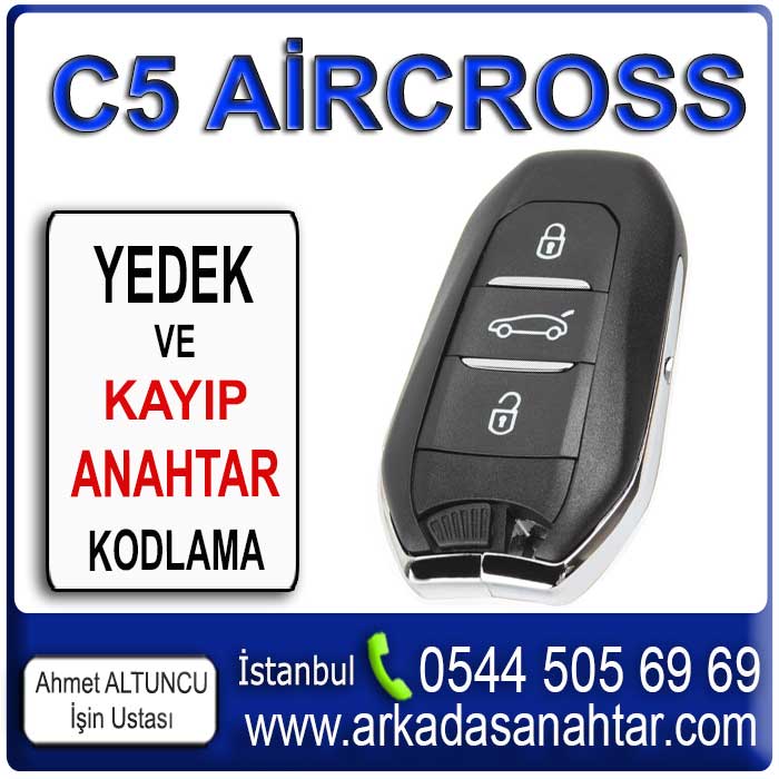 C5 Aircross Anahtarı, yedek anahtar işlemi, aracın mevcut anahtarı üzerinden özel cihazlarla programlanarak yapılır.Anahtarınız orijinal özelliklerinde kopyalanır ve test edilerek teslim edilir. Yada en son sistem cihazlar araca obd soketinden bağlanarak yeni bir anahtar araç hafızasına kaydedilir. C5 Aircross Anahtarı yedek ihtiyacınız varsa bizi arayınız 0544 505 6969 çünkü çok kısa sürelerde yedek C5 Aircross Anahtarı yapabilmekteyiz.
