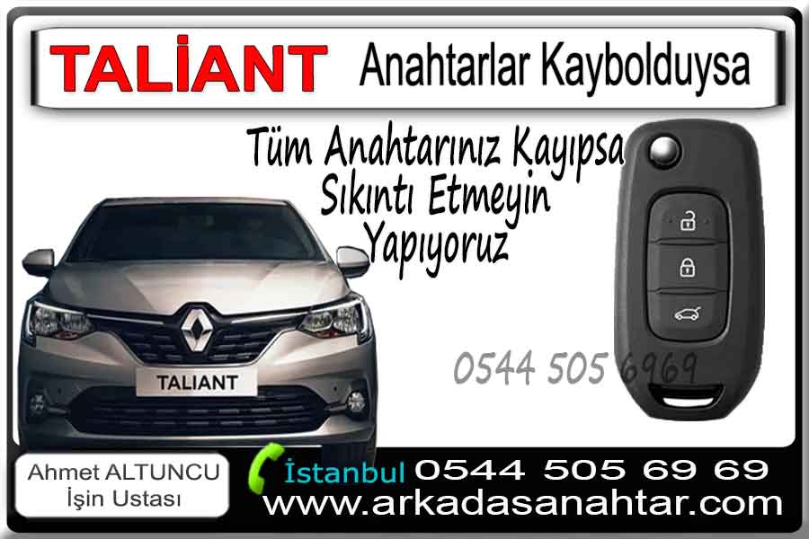 Renault Taliant Yedek anahtarı kayboldu mu? Endişelenmeyin! Uzman ekibimizin Taliant yedek anahtar yapımı için hizmeti mevcuttur üstelik kaybolan anahtar hafızadan silinerek riskler ortadan kaldırılır. Professional çözümler sunuyoruz. Tüm anahtarlarınızı kaybettiyseniz, aracın beynine yeni anahtar tanıtımı yapılır. Renault Taliant kayıp anahtar yapımı için işyerimizde ve yerinde hizmetimiz mevcuttur. Aracınızın konumunu bize iletmeniz yeterlidir. Ruhsat sahibinin araç başında olması şartı ile İstanbulun her yerine hizmet veriyor ve professional çözümler sunuyoruz. Motosikletli acil servisimizle konumunuza varıyor ve aracınızın yanıbaşında anahtarınızı yaparak teslim ediyoruz. İstanbulda bu hizmeti verebilecek teknik bilgi ve birikimimiz olduğu için bu cesareti gösterebilmekteyiz.