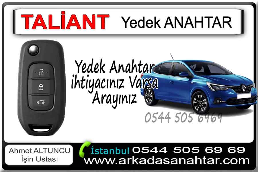 Renault Taliant Anahtarı, yedek anahtar işlemi, aracın mevcut anahtarı üzerinden özel cihazlarla programlanarak yapılır.Anahtarınız orijinal özelliklerinde kopyalanır ve test edilerek teslim edilir. Yada en son sistem cihazlar araca obd soketinden bağlanarak yeni bir anahtar araç hafızasına kaydedilir. Renault Taliant Anahtarı yedek ihtiyacınız varsa bizi arayınız 0544 505 6969 çünkü çok kısa sürelerde yedek taliant Anahtarı yapabilmekteyiz.